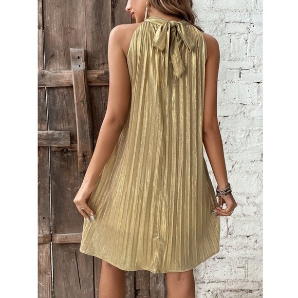 Gold Metallic Pleated Halter Neck tied back Mini Dress - Picture 2 of 7
